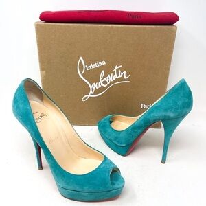 Christian Louboutin Troca 140 Genuine Suede Leather Peep Toe Heels Teel Sz 38.5